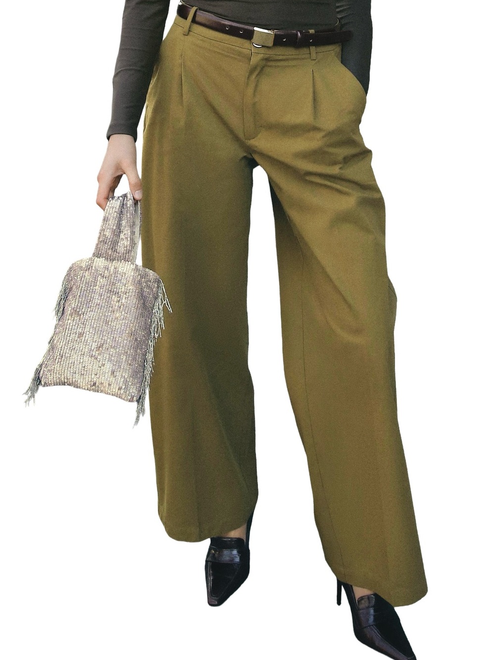 Zara Pleated Wide Leg Trousers S Olive Mustard